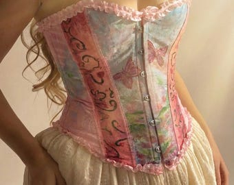 Haut corset papillon Fairytopia, bustier pastel féerique peint à la main, séjours Renaissance jardin fantaisiste, corsage fairycore de l'an 2000, lutin personnalisé