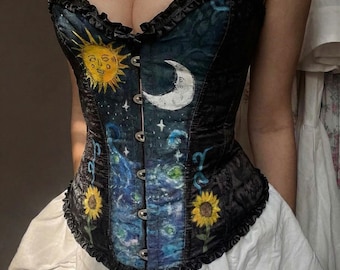 Van Gogh Starry Night Corset Top, Celestial Sun Moon Bustier, Hand Painted Witchy Wearable Art, Gothic Dark Academia Top, Sunflower corset
