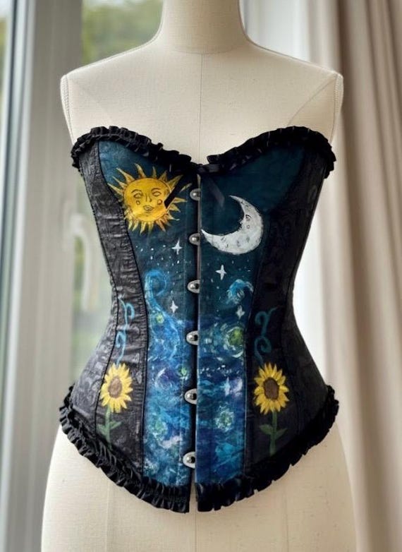Van Gogh Starry Night Corset Top, Celestial Sun Moon Bustier, Hand Painted Witchy Wearable Art, Gothic Dark Academia Top, Sunflower corset