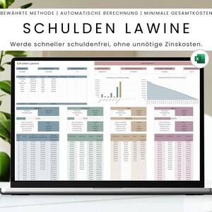 Könnte beinhalten: Ein Laptop mit einer Tabelle namens "SCHULDEN LAWINE" mit Finanzdaten und Diagrammen. Der Bildschirm zeigt deutschen Text, darunter "Werde schneller schuldenfrei, ohne unnötige Zinskosten." Der Laptop steht auf einer weißen Oberfläche.