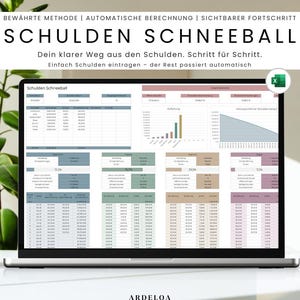 Könnte beinhalten: Ein Laptop zeigt eine Tabelle mit dem Titel "SCHULDEN SCHNEEBALL" mit Finanzdaten und Diagrammen. Der Bildschirm zeigt Tabellen, Grafiken und Prozentsätze mit dem Text "Dein klarer Weg aus den Schulden. Schritt für Schritt." Das Excel-Symbol ist sichtbar.