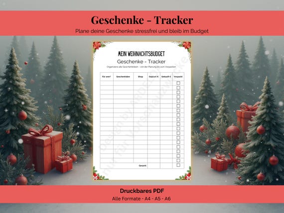 Geschenktracker Weihnachten – Geschenkplaner Printable | Weihnachtsgeschenke Liste PDF | Stressfrei planen & Budget im Blick