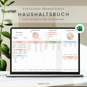 May include: A laptop displaying a financial spreadsheet with charts and tables. The screen shows a budget template with the title "Einfaches Monatliches HAUSHALTSBUCH" and the text "Excel Vorlage für dein Monatsbudget". The Excel icon is visible.