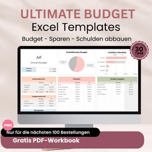 Könnte beinhalten: Ein Computermonitor zeigt eine Excel-Budgetvorlage mit Tabellen für Monatsübersicht, Fixkosten und variable Ausgaben, inklusive Kreisdiagramm für das verbleibende Budget und Balkendiagramm für den Cashflow, mit Text ULTIMATE BUDGET Excel Templates.