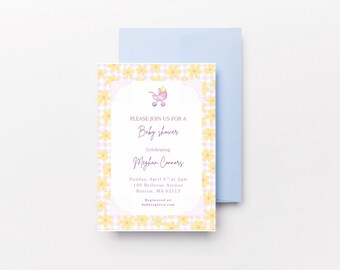 Rosa Gingham-Babyparty-Einladung - herunterladbare Datei - Canva