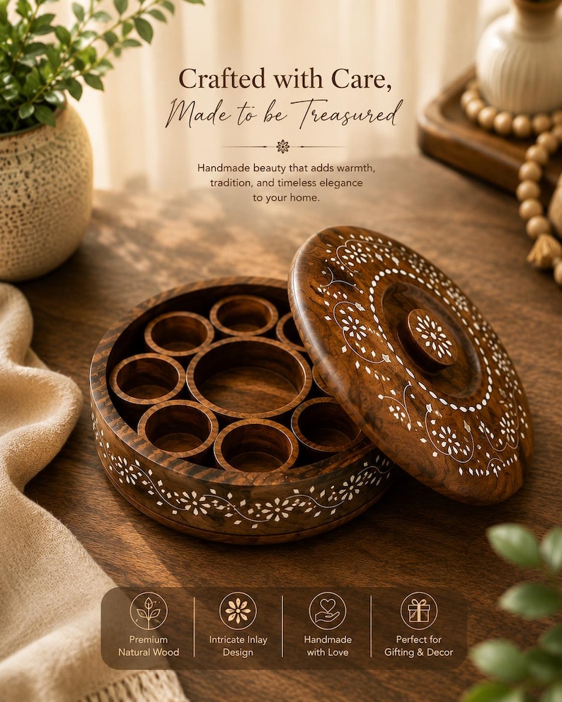 May include: A round, wooden spice box with a lid, featuring intricate white floral inlay designs. The box is open, revealing multiple compartments. The text "Crafted with Care, Made to be Treasured" is visible.