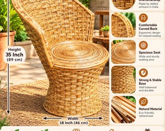 Handwoven Rattan Chair, Natural Cane Accent Chair, Boho Wicker Lounge Seating, Handmade Rustic Furniture