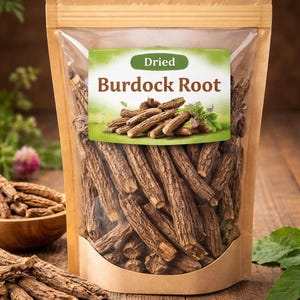 Puede incluir: Una bolsa transparente llena de raíz de bardana seca. La bolsa tiene un respaldo de papel marrón y una parte delantera transparente, que muestra las raíces marrones y texturizadas. La etiqueta dice "Dried Burdock Root" en verde y blanco.