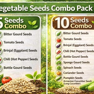 Puede incluir: Una imagen presenta un paquete combinado de semillas de hortalizas, con opciones de 5 y 10 variedades. Se ilustran verduras como calabaza amarga, tomates y berenjenas. El texto "Vegetable Seeds Combo Pack" se muestra en la parte superior de la imagen.