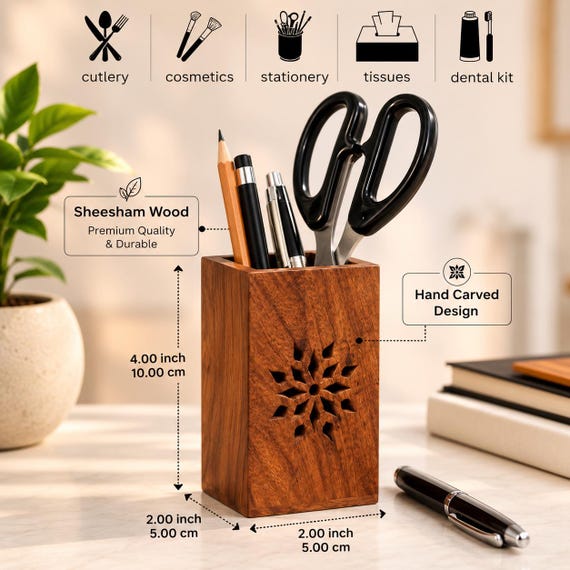Hand-carved floral relief work on rich Sheesham wood turns a pen holder into a genuine desk sculpture with heirloom-quality craft.