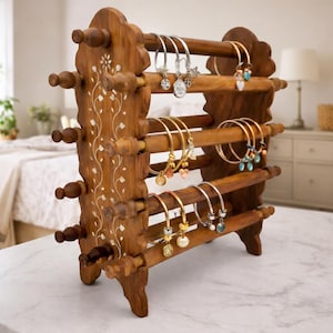 Handmade Wooden Bangle Stand, Bracelet Display Holder, Jewelry Organizer Rack, Rustic Countertop Display
