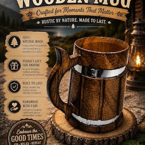 May include: A dark brown wooden mug with a curved handle and two horizontal silver metal bands. The mug rests on a circular wooden slice coaster. Text on the image includes HANDCRAFTED WOODEN MUG, Crafted for Moments That Matter, and RAISE A MUG TO LIFE'S BEST MOMENTS.