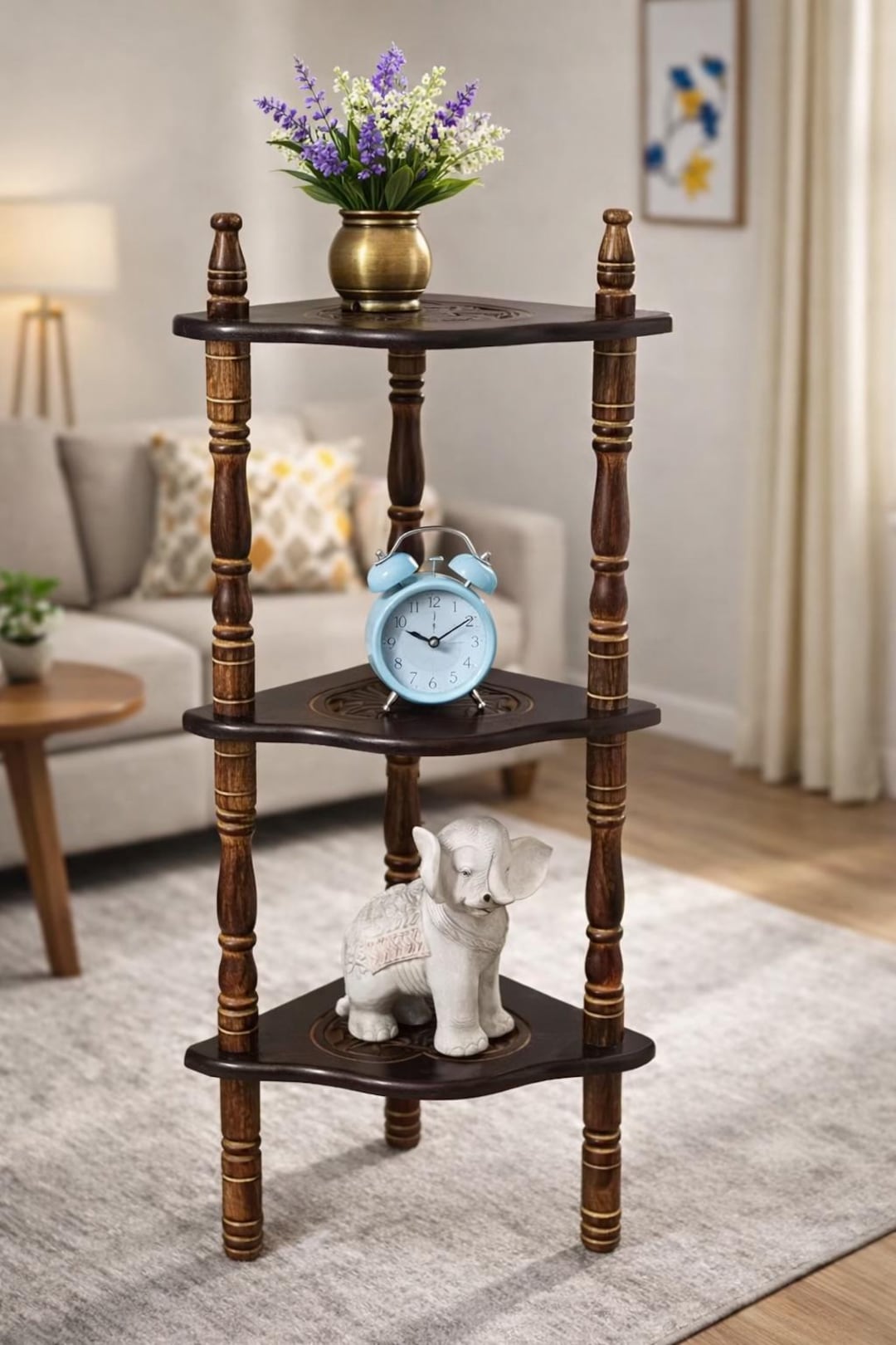 Wooden Small Display Racks Rustic Wooden 3 Tier Corner Shelf Stand, Small Display Rack for Living ...