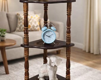 Rustic Wooden 3 Tier Corner Shelf Stand, Small Display Rack for Living Room Decor