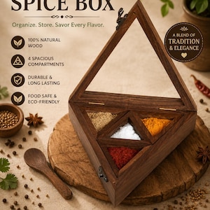 Handcrafted Wooden Triangle Spice Box | 4 Compartment Rustic Kitchen Organizer