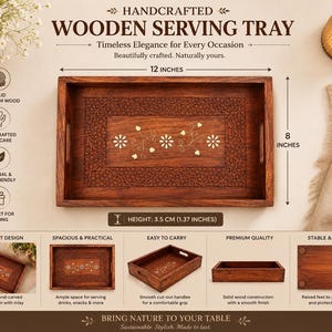 May include: A rectangular solid sheesham wood serving tray featuring an intricate carved floral border and a central inlay design. The tray measures 30.48 cm in length, 20.32 cm in width, and 3.5 cm in height, with integrated side handles.
