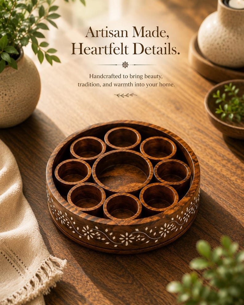 May include: A round, wooden spice box with multiple compartments. The box is dark brown with white floral designs around the rim. The text "Artisan Made, Heartfelt Details" is at the top of the image.