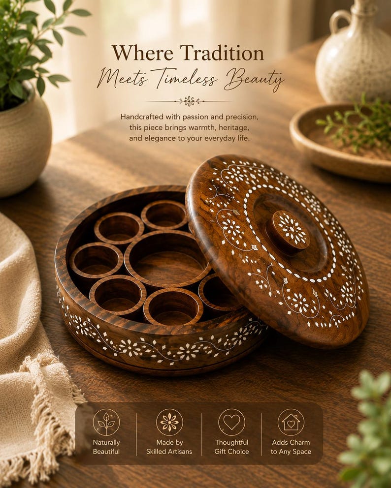 May include: A handcrafted wooden spice box with a lid, featuring intricate white floral inlay designs. The box is divided into multiple circular compartments. The text "Where Tradition Meets Timeless Beauty" is visible.