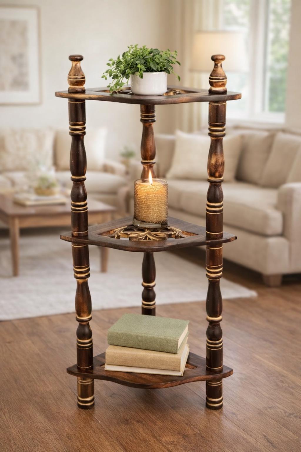 Wooden Small Display Racks Rustic Wooden 3 Tier Corner Shelf Stand, Small Display Rack for Living ...