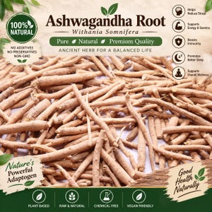 Puede incluir: Un montón de trozos de raíz de Ashwagandha secos de color marrón claro. La imagen incluye el texto: Ashwagandha Root, Withania Somnifera, 100% Natural, Pure, Natural, Premium Quality, Ancient Herb for a Balanced Life, Nature's Powerful Adaptogen, Good Health Naturally.