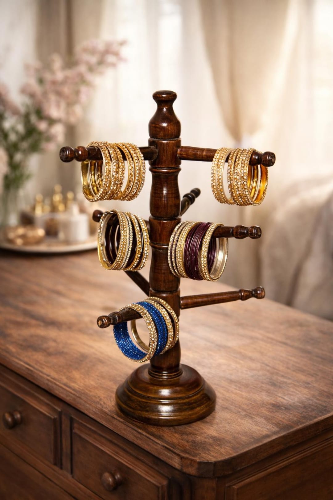 Bangle Rack Wooden Rotating Bangle Holder Red Jewelry Organizer Tabletop Bracelet ...