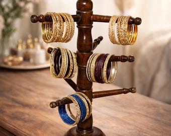 Wooden Rotating Bangle Holder Red Jewelry Organizer Tabletop Bracelet Rack