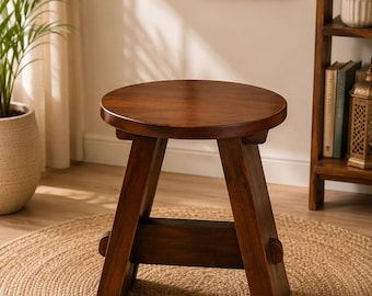 Solid Wood Round Stool | Rustic Farmhouse Accent Side Table