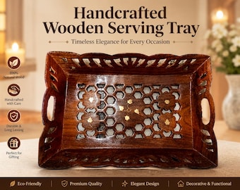 Handcrafted Wooden Serving Tray with Handles | Rustic Farmhouse Tea Coffee Breakfast Decor