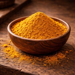 Puede incluir: Un cuenco de madera lleno de polvo de cúrcuma amarillo brillante, con algo de polvo esparcido sobre la superficie de madera. El cuenco es de madera oscura y descansa sobre una tabla de madera, creando una estética cálida y natural.