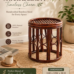 May include: A dark brown, cylindrical bamboo stool with a slatted circular top and arched vertical supports. The stool measures 33D x 33W x 38H inches. Text on the image reads: NATURAL BEAUTY Timeless Charm, Handcrafted Bamboo Stool for Every Space.