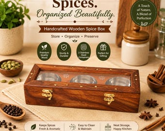 Handcrafted Wooden Spice Box with 3 Stainless Steel Containers | Masala Dabba Organizer