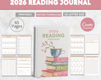 May include: A 2026 reading journal with 65 pages in US letter size. The cover features a stack of four books topped with a blue teacup containing pink flowers. The journal includes various printable templates for tracking books, reading goals, and monthly challenges.