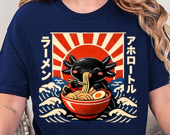 アホロートルラーメンTシャツ、日本の麺グラフィックTシャツ、かわいいアニメシャツ、面白い食べ物好きへのギフト、着心地の良いストリートウェアトップス
