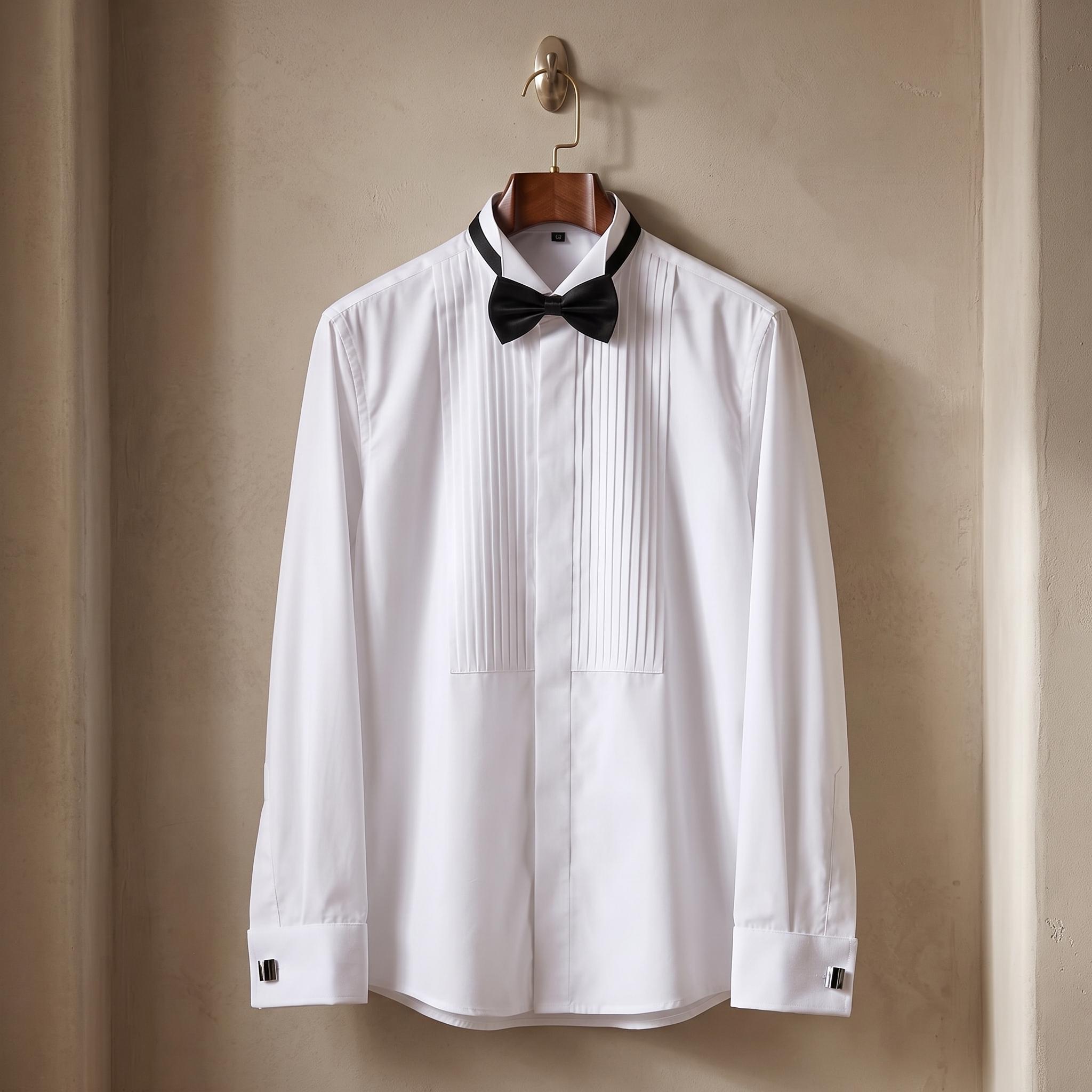 Men’s White Tuxedo Shirt With Red Bow Tie, Wingtip Collar Formal Wedding Shirt