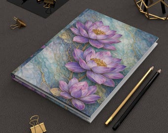 Purple Lotus Flower Journal, Aesthetic Water Lily Notebook, Floral Hardcover Journal, Nature Inspired Writing Diary Gift for Her