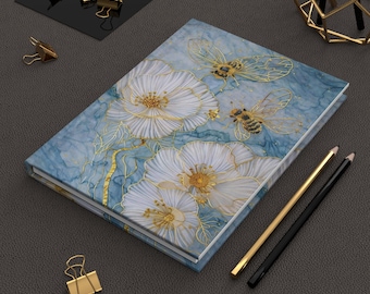 Bee Floral Journal Notebook, Aesthetic Bee and Flower Notebook, Cottagecore Writing Journal, Elegant Hardcover Diary Gift for Her