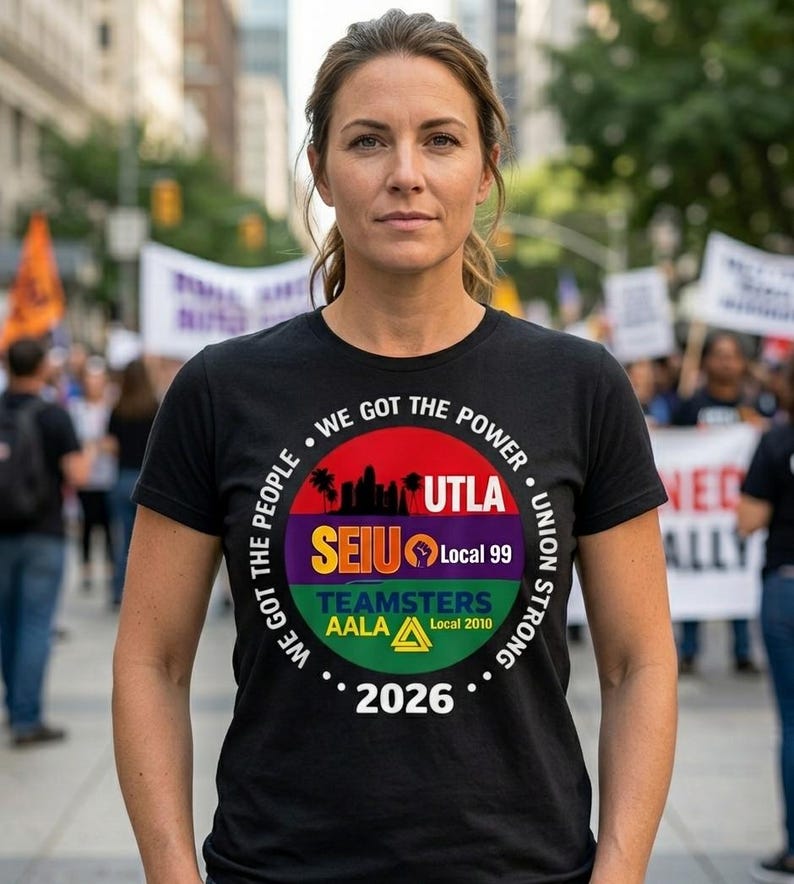 May include: Black t-shirt with a circular graphic featuring the text "WE GOT THE POWER" and union logos. The graphic includes "UTLA," "SEIU Local 99," and "TEAMSTERS AALA Local 2010." The year "2026" is also displayed. A woman is wearing the shirt.