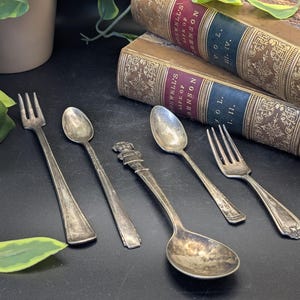 May include: A collection of vintage silverware, comprising forks and spoons, displayed on a dark surface. The silverware exhibits a tarnished, aged look. Two antique books with ornate covers are in the background, alongside some foliage.