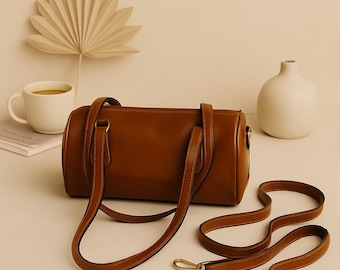 Vegan Leather Barrel Crossbody Bag - Modern Minimalist Handbag