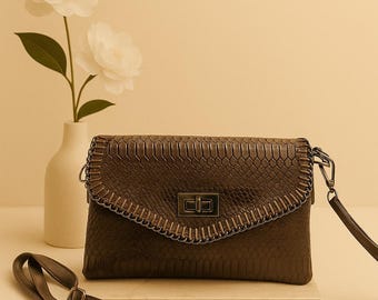 Vegan Leather Crossbody Bag: Minimalist Flap Clutch Purse