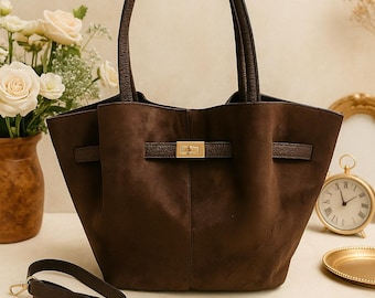 Suede Leather Tote Bag, Everyday Shoulder Bag with Detachable Strap