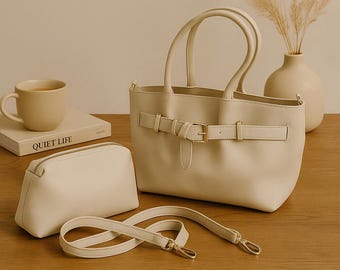Vegan Leather Handbag Set: Belted Tote, Crossbody & Pouch
