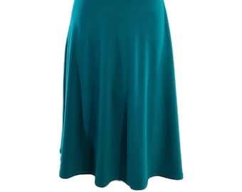 Below-the-knee-length skirt in bamboo/cotton/spandex knit with soft waistband.