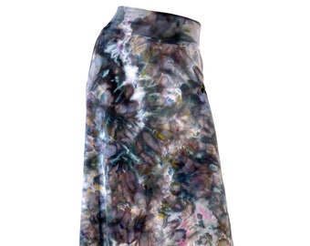 Ice dyed below-the-knee length skirt in bamboo/cotton/spandex knit with soft waistband.