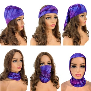 Unisex blue or purple or green tie dye bamboo tube scarf, head wrap, hairband, headband, circle scarf. image 3