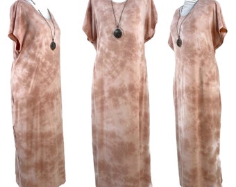 Size 1X long tie dyed nightgown, sleep dress in stretch bamboo/cotton jersey.