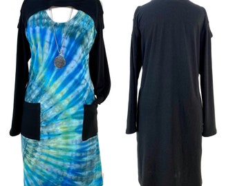 L black & ice dyed T-shirt dress with pockets and double neckline detail in bamboo blend jersey.