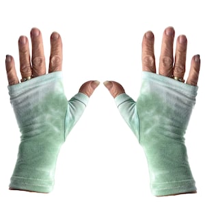 Green & white tie dye bamboo fingerless gloves, wrist warmers, texting gloves.