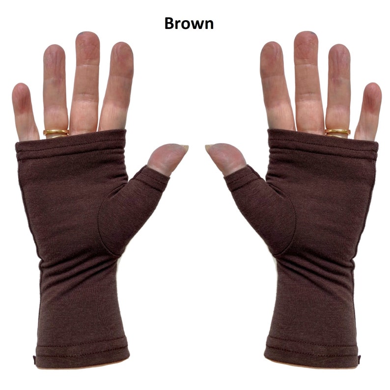 Bamboo fingerless gloves, texting gloves, wrist warmers in solid colours. Brown