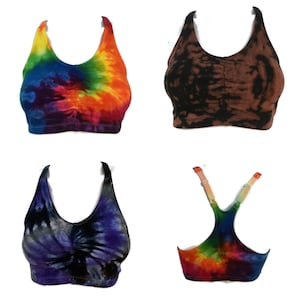Tie dye racer back sports bra, crop top with adjustable straps.